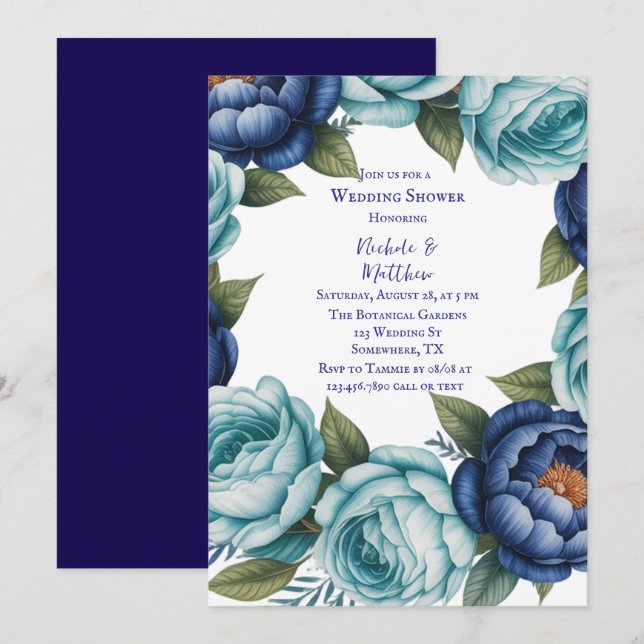 Eleganter Blue Turquoise Floral Polterabend Einladung (Vorne/Hinten)