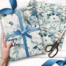 Eleganter Blue Vintag Floral Geburtstag Geschenkpapier