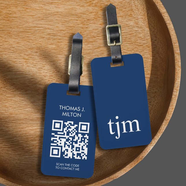 Eleganter Blue White Bold Monogram QR Code Gepäckanhänger (Von Creator hochgeladen)