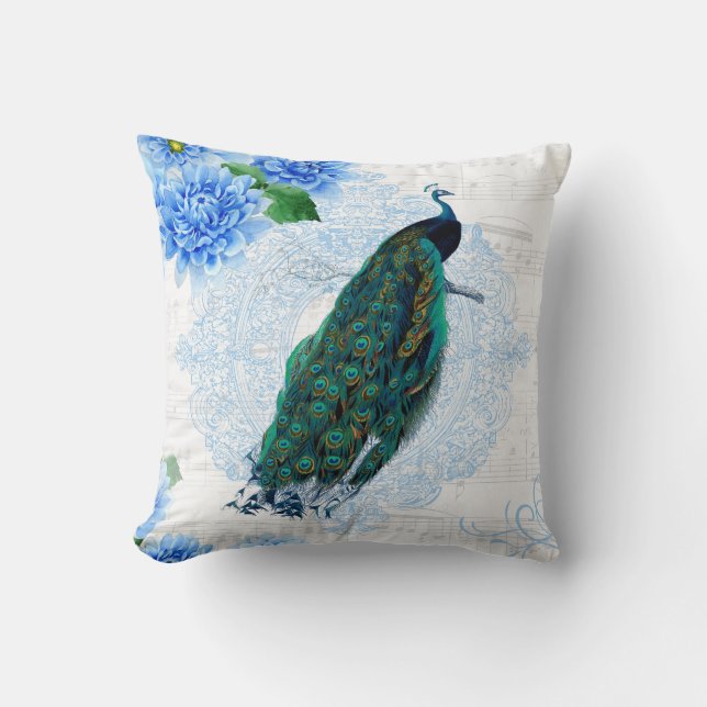 Eleganter Blue & White Floral Peacock Kissen (Vorderseite)