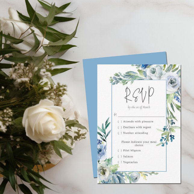 Eleganter Blue White Floral Spring Garden Hochzeit RSVP Karte (Von Creator hochgeladen)