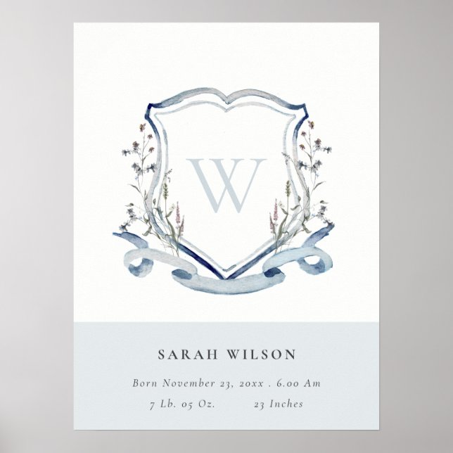 eleganter Blue Wildblume Monogram Wappen Birth Sta Poster (Vorne)