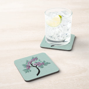Eleganter blühender Baum Grün + Pflaumen-Set aus 6 Getränkeuntersetzer