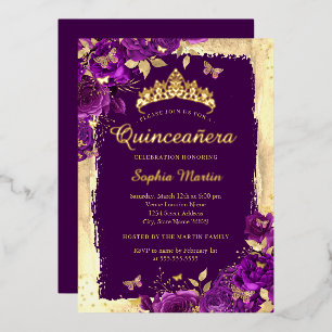 Eleganter Blumen Butterfly Lila Gold Quinceanera Folieneinladung
