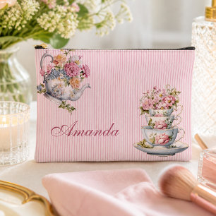 Eleganter Blumen-Teetassen- und Teekannen-Druck Nä Zubehörtasche