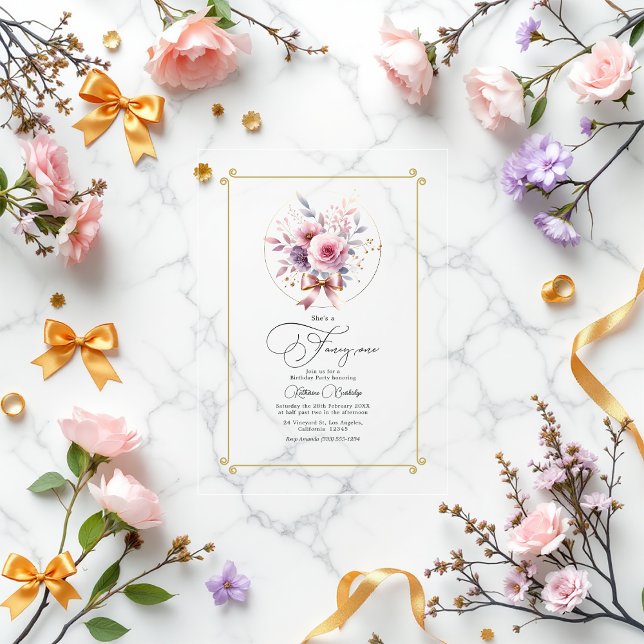 Eleganter Blumenbow "Extravagant One" Erster Gebur Acryleinladungen (Elegant Floral Bow "Fancy One" First Birthday Acrylic Invitation)