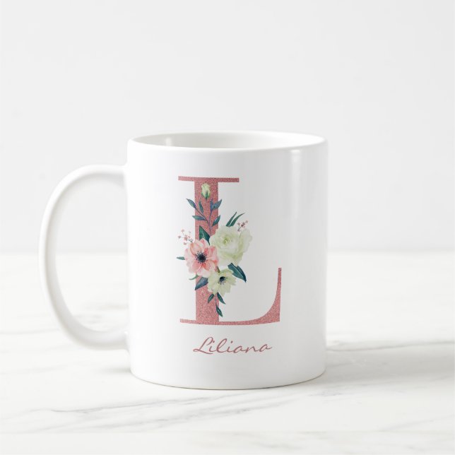 Eleganter Blumenbrief L Pink und Ivory Bouquet Kaffeetasse (Links)