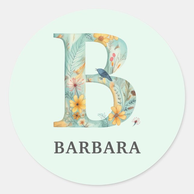 Eleganter Blumencharakter Buchstabe B Personalisie Runder Aufkleber (Vorderseite)