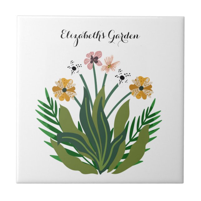 Eleganter Blumengarten Botanische Blume Fliese (Vorderseite)