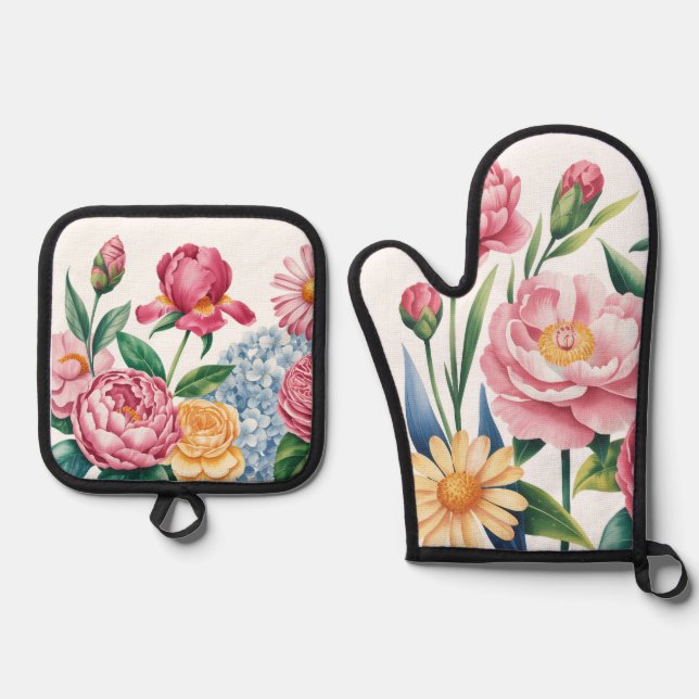 Eleganter Blumengarten Oven Mitt & Pot Holders Ofenhandschuh & Topflappen-Set (Vorderseite)