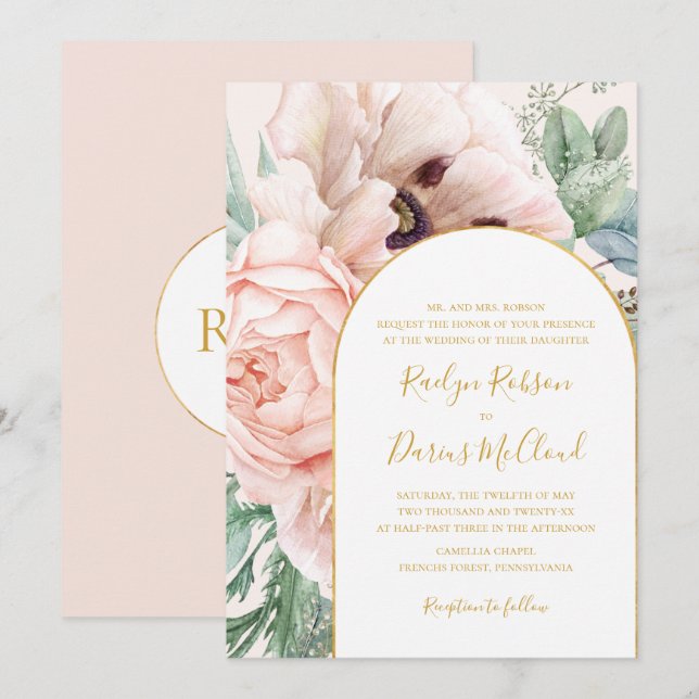 Eleganter Blumengarten Pastel Traditionelle Hochze Einladung (Vorne/Hinten)