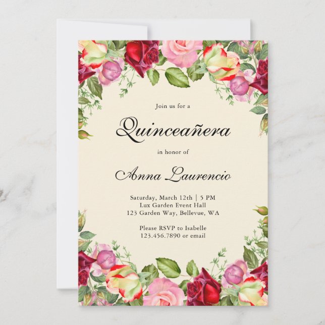 Eleganter Blumengarten Quinceñera Einladung (Vorderseite)