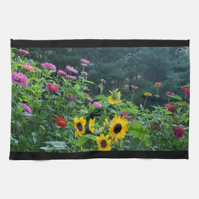 Eleganter Blumengarten Sonnenblumen Zinnia Mums Geschirrtuch (Horizontal)