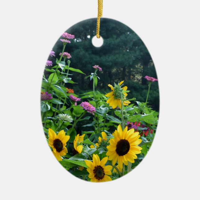 Eleganter Blumengarten Sonnenblumen zinnias daisis Keramikornament (Vorne)