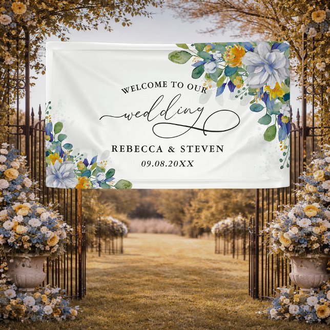 Eleganter, blumengelb-blauer Hochzeitsempfang Banner (Von Creator hochgeladen)