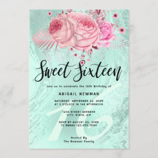 Eleganter blumengrüner Glitzer 16 . Geburtstag Einladung