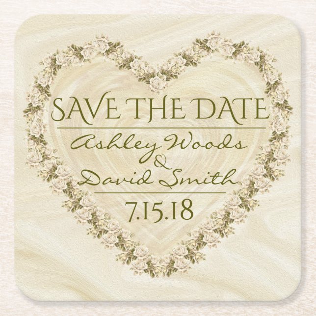 Eleganter Blumenherz-Save the Date Untersetzer (Vorderseite)