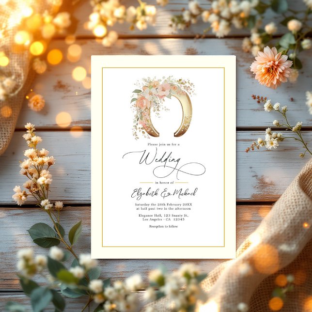 Eleganter Blumenhorseshoe-Western Hochzeitsstichta Einladung (Elegant Floral Horseshoe Western Wedding QR Code Invitation)