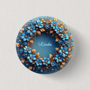 Eleganter Blumenkranz aus blauen und goldenen Elem Button