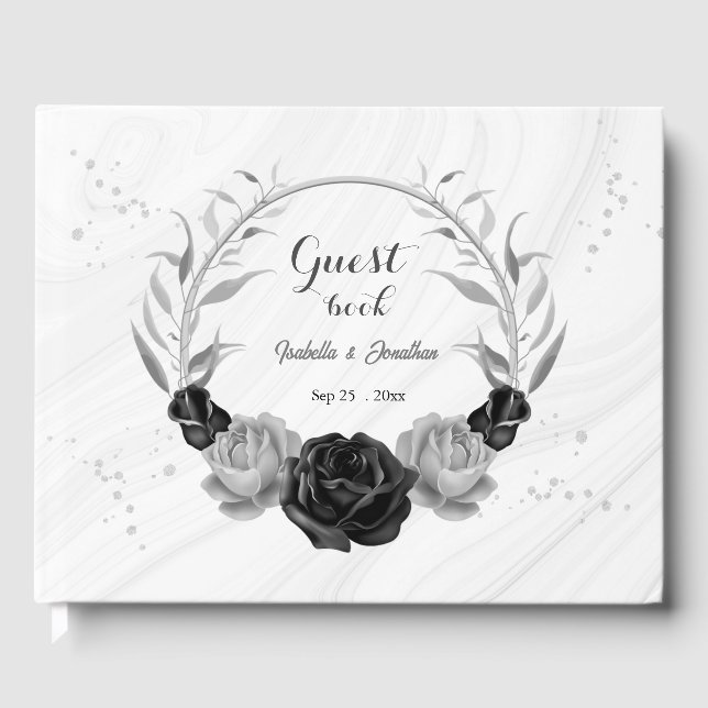 eleganter Blumenkranz aus Silber und Schwarz Gästebuch (Vorderseite)