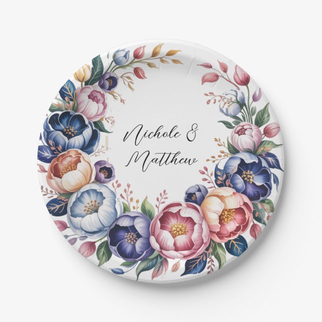 Eleganter Blumenkranz für Hochzeiten Pappteller (Vorderseite)