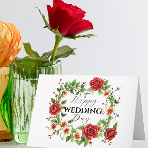 Eleganter Blumenkranz mit roten Rosen Hochzeit Karte