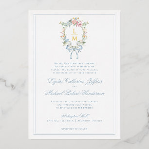 Eleganter Blumenkranz-Wappen Monogramm-Hochzeit Folieneinladung