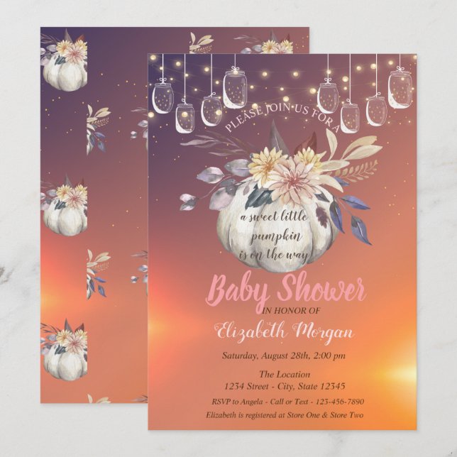 Eleganter Blumenkürbis, Licht, Babydusche Einladung (Vorne/Hinten)
