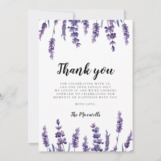 Eleganter Blumenlavender Baby Shower Dankeskarte (Vorderseite)