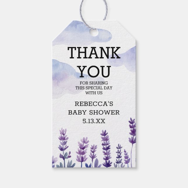 Eleganter Blumenlavender Baby Shower Gunst Geschenkanhänger (Vorderseite)
