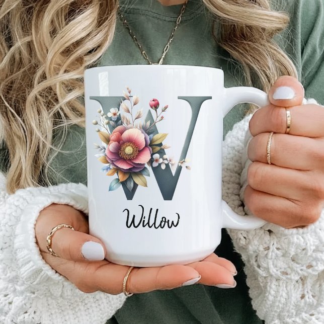Eleganter Blumenmonogramm-Becher, Geburtstagsgesch Kaffeetasse (birth flower gift, mother’s day mug, graduation gift mug, custom coworker gift, best friend mug,)