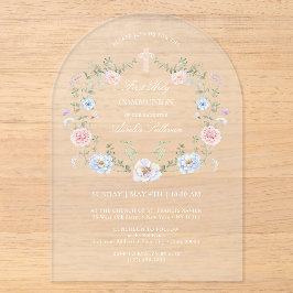 Eleganter Blumenrahmen Erste Heilige Kommunion Acryleinladungen