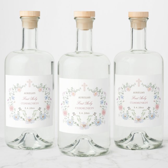 Eleganter Blumenrahmen Erste Kommunion Alkoholflaschenetikett (Flaschen)