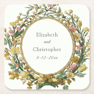 Eleganter Blumenrahmen Golden Gelbe Hochzeit Rechteckiger Pappuntersetzer