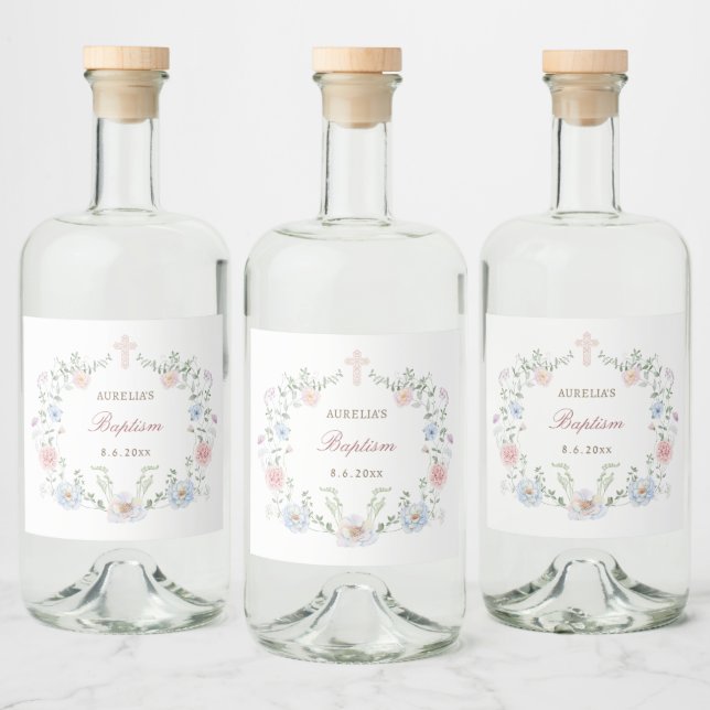 Eleganter Blumenrahmen Taufe Alkoholflaschenetikett (Flaschen)