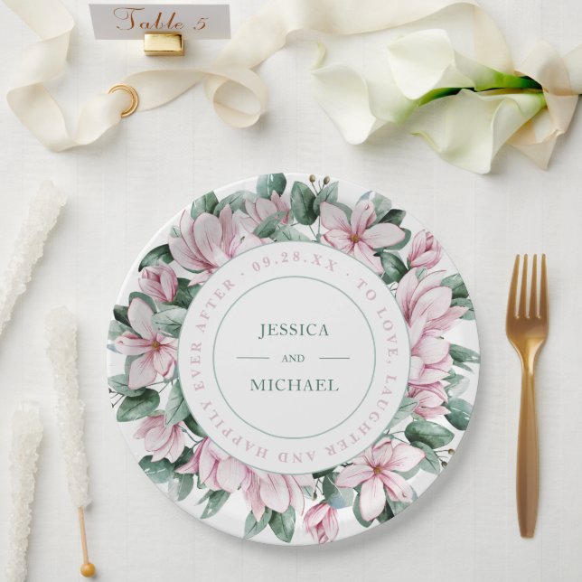 Eleganter Blumenreath Dusty Pink Magnolia Wedding Pappteller (Hochzeit)