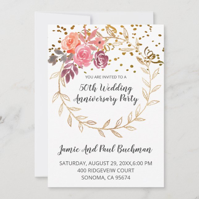 Eleganter Blumenreath-Glitzer Hochzeitstag Einladung (Vorderseite)