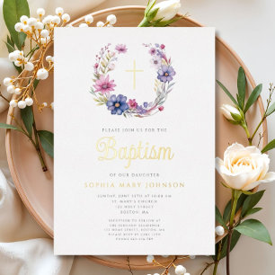 Eleganter Blumenreath Religiöse Cross Girl Taufe Folieneinladung