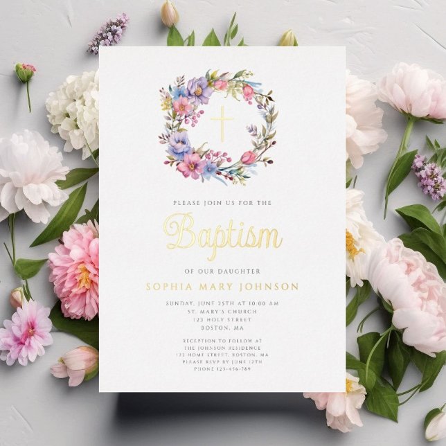 Eleganter Blumenreath Religious Girl Baptism Gold Folieneinladung (Elegant Floral Wreath Religious Girl Baptism Gold Foil Invitation)
