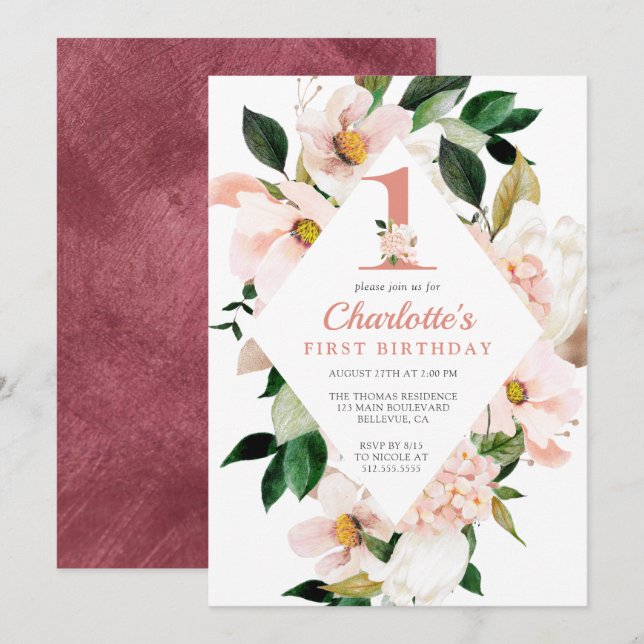 Eleganter Blumenrosa Erster Geburtstag Einladung (Vorne/Hinten)