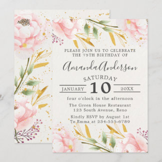 Eleganter Blumenrosa und Gold 75. Geburtstag Einladung