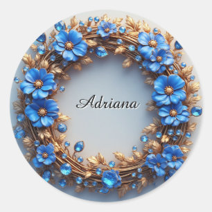 Eleganter Blumenstrauß mit blauen und goldenen Ele Runder Aufkleber
