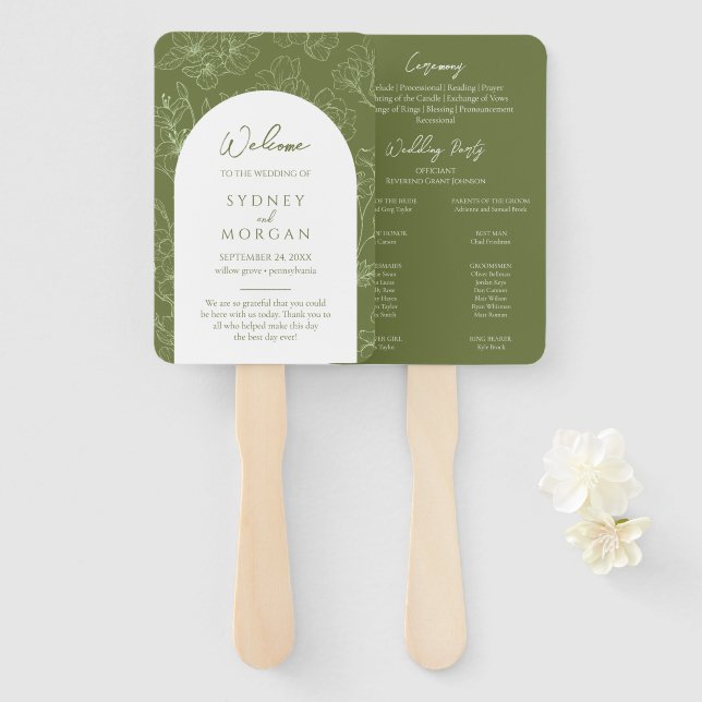 Eleganter Blumenweih Grüner Hochzeitsfan Fächer (Vorne und Hinten)