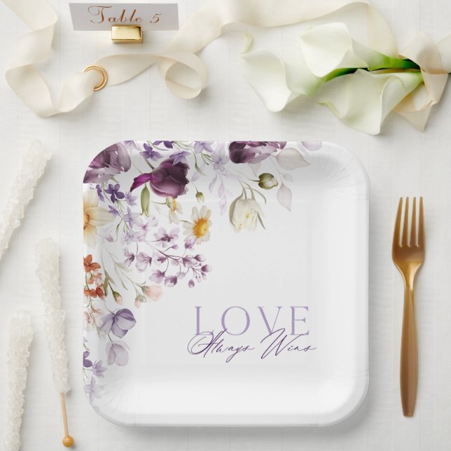 Eleganter Blumenzettel - Liebe gewinnt immer Pappteller (Hochzeit)