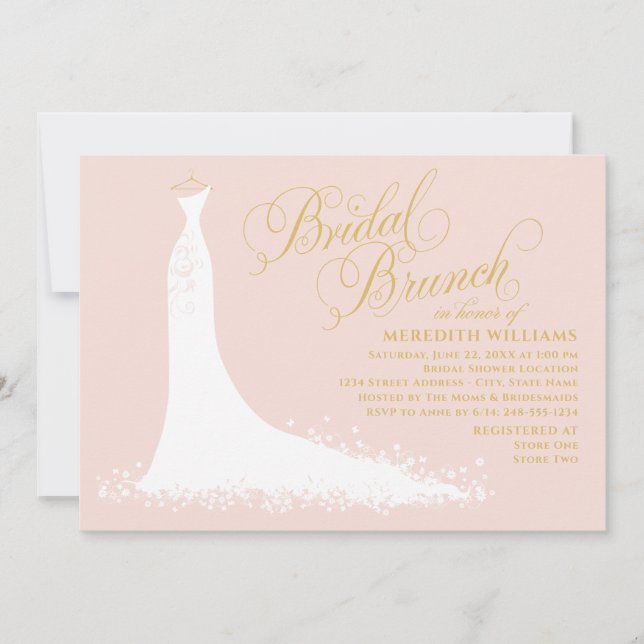 Eleganter Blush and Gold Wedding Gown Bridal Brunc Einladung (Vorderseite)