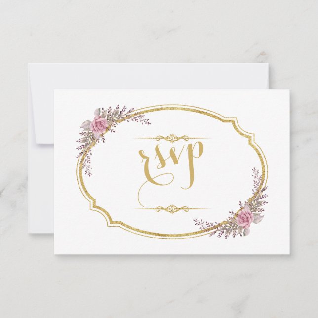 Eleganter Blush Bloral Gold Frame Wedding RSVP (Vorderseite)