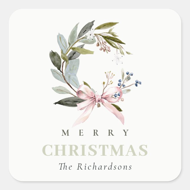 Eleganter Blush Blue Green Winter Weihnachtskranz Quadratischer Aufkleber (Vorderseite)