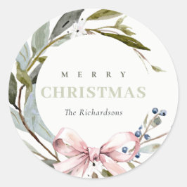 Eleganter Blush Blue Green Winter Weihnachtskranz Runder Aufkleber