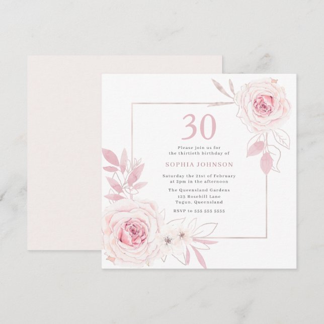 Eleganter Blush Blumenreath Rahmen 30. Geburtstag Einladung (Vorne/Hinten)