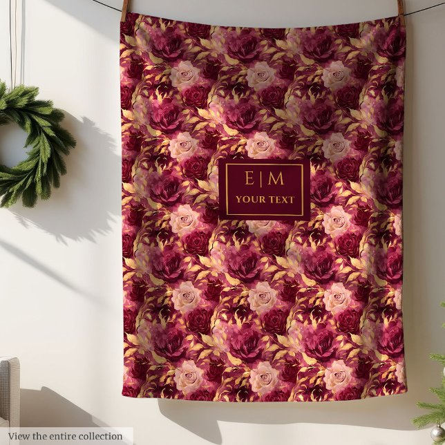 Eleganter Blush Burgundy Gold Floral Personalisier Fleecedecke (Elegant Blush Burgundy Gold Floral Personalized Blanket)